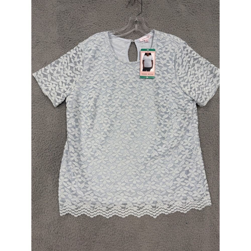 Teddi Rose Lace Shirt Womens XL Light Blue Short‎ Sleeve Floral Top Scallop Hem